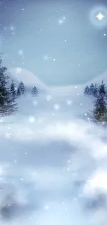 Mystical winter night wallpaper with moonlit snowy scenery.