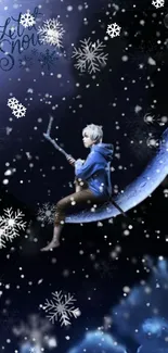 Person on crescent moon with snowflakes in night sky.