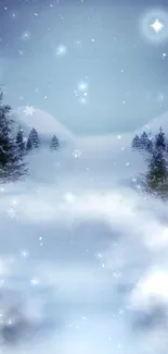 Snowy forest under a starry winter night sky with full moon and stars.