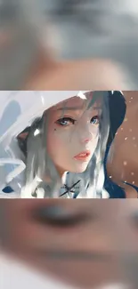 Digital artwork of a girl with white hair and blue eyes wearing a white hood.