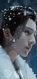 Mystical winter portrait with falling snow.