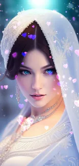 Mystical winter portrait wallpaper with blue-eyed woman and intricate snow details.