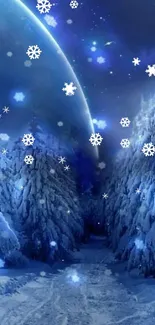 Mystical winter landscape with stars and snow-covered trees under a dark blue sky.