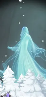 Ethereal spirit in winter forest with snowflakes and icy blue glow.