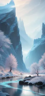 Mystical winter scene with icy mountains and a serene valley stream.