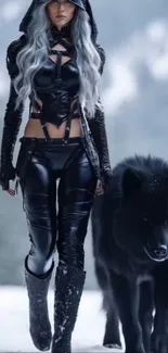 Mystical warrior and black wolf in snow