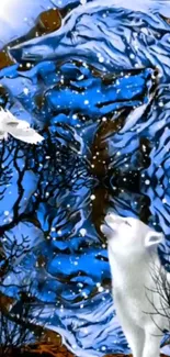 Mystical winter scene with white fox and owl against a blue snowy landscape.