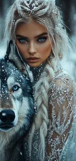 Mystical winter scene with a wolf companion.