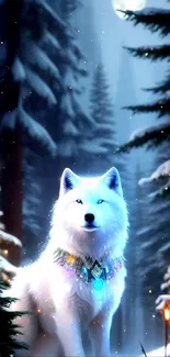 White wolf in snowy forest under moonlight.