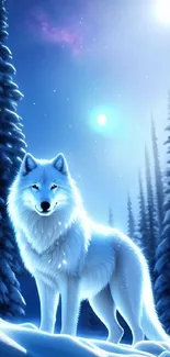 White wolf in a snowy, moonlit winter forest scene.