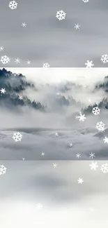 A mystical winter wolf with snowflakes on a foggy mountain landscape.