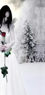 Ethereal figure with red rose in snowy forest.