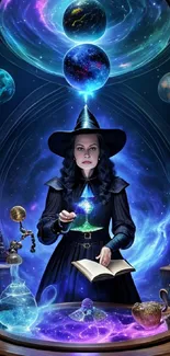 Mystical witch conducting alchemy with celestial magic in a cosmic laboratory.