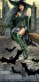 Mystical witch flying with bats in a dark fantasy setting.