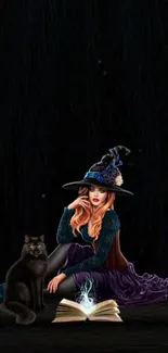 Witch sitting with a black cat and an enchanted book.