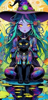 Colorful witch and black cat in vibrant fantasy art.