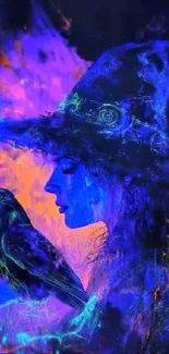 Mystical witch with a raven in neon blue and purple hues, perfect for fantasy lovers.