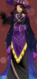 Digital artwork of a mystical witch in a purple, gold, and black robe.