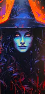 Vibrant witch art with mystical blue tones and fiery red accents for mobile wallpaper.