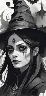 Monochrome illustration of a mystical witch with ornate hat and gothic elements.