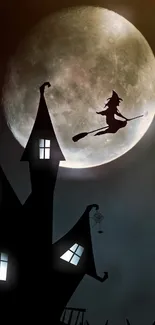 Silhouette of a witch flying across a full moon with a spooky house in foreground.