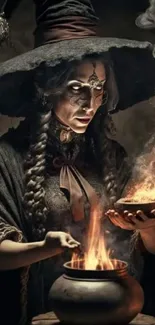 Witch crafting a magical fire spell with dark, mystical elements in background.