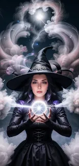 Mystical fantasy witch with glowing orb and swirling clouds.