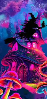 Colorful fantasy wallpaper with a witch flying over a neon mushroom house.