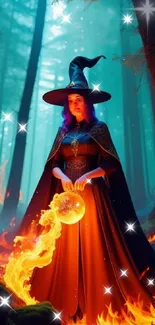 Mystical witch with fire aura in an enchanted forest setting.