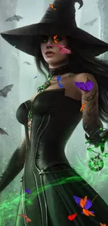 Mystical witch in dark forest with bats and colorful butterflies.