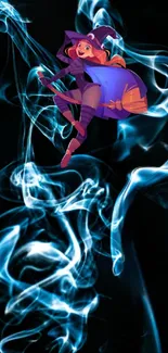 Animated witch with neon blue smoke on black background wallpaper.