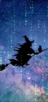 Silhouette of a witch flying with digital text over a starry galaxy background.