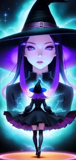 Purple haired witch with glowing aura.