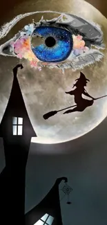 Witch flying over haunted house with moon and blue eye.