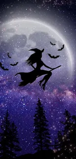 Fantasy night scene with witch silhouette flying under a glowing moon and stars.