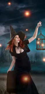 Mystical witch holding a lantern in a dark, magical forest under the moonlight.