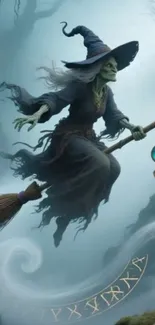 Mystical witch flying on a broomstick in a magical realm.
