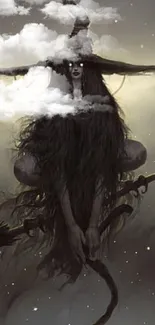 Mystical witch on broomstick amidst clouds, on a grey misty background.