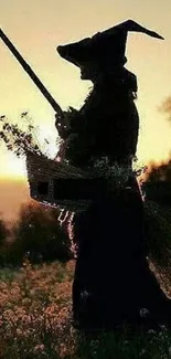 Silhouette of a witch with broom at sunset in a field.