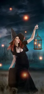 Witch holding lantern under moonlit sky with glowing orbs.