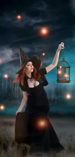 A witch with a hat holds a cage under the moonlight in a dark forest.