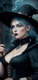 Gothic witch with blue hair and candle in dark urban setting.