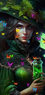 Mystical witch with butterflies and green potion.