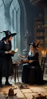 Two witches in a gothic room with candles and magic books.