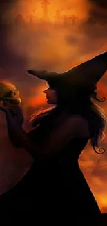 Silhouetted witch in hat holds skull under an orange sky.