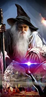 Wizard with glowing crystal orb in magical scene.