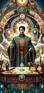 Mystical wizard in celestial setting with magical symbols and artifacts.