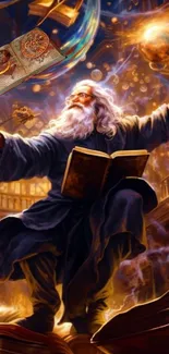 A mystical wizard in a cosmic library, surrounded by magical books.