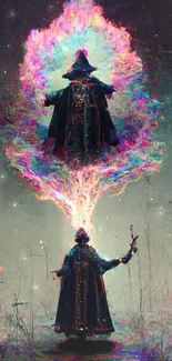 Mystical wizard in vibrant fantasy scene with psychedelic colors.