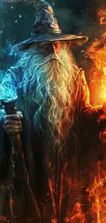 A mystical wizard controlling fire and ice in a vibrant fantasy scene.